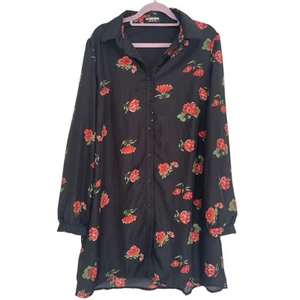 Fashion Union Red Floral Poppy Black Shirt Dress A Line 12 - Picture 1 of 3