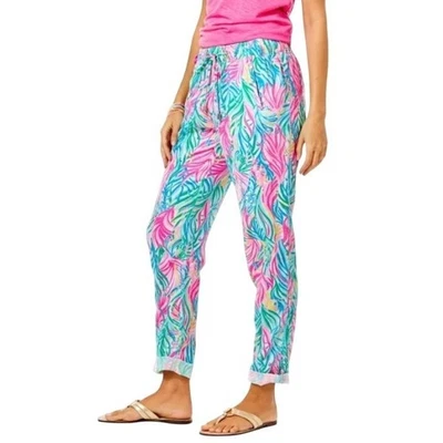 Lilly Pulitzer Taron Linen Tropical Leaf Elastic Waist Drawstring Pants Size L - Image 1 of 4