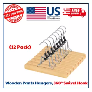 12 Pack Natural Wooden Pants Hangers Clips Non Slip Skirt Hangers Trouser Clamp - Picture 1 of 8