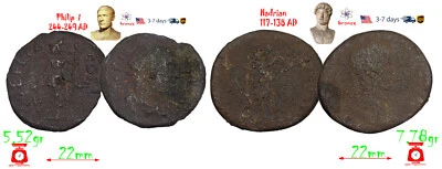 Antiguo Imperio Romano 2 monedas de bronce Felipe I 244-249 dC Adriano 117-138 dC #33119 Foto 1 de 4