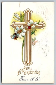 Postal Saludos de Pascua Lámina de Oro Cruz Flores Blancas c1909 DB Repujado - Imagen 1 de 2