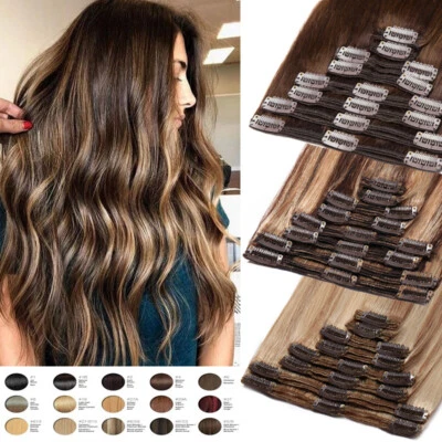 Clip de doble trama grueso Balayage en extensiones de cabello humano Remy cabeza completa ruso Foto 1 de 4