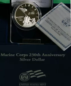 2005 P Marine Corps Proof Silver Dollar Marines 230th Anniversary Coin Box + COA - Picture 1 of 3