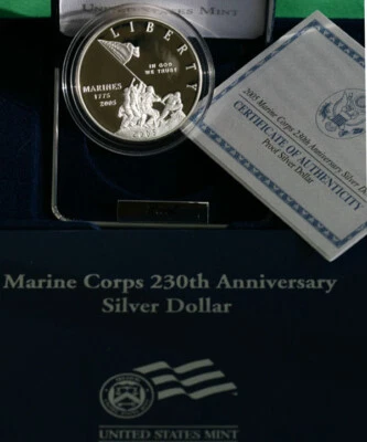 2005 P Marine Corps Proof Silver Dollar Marines 230th Anniversary Coin Box + COA - Image 1 of 3