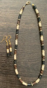17" Black, White, and Brown Wooden Disc Necklace and Earring Set - Picture 1 of 3