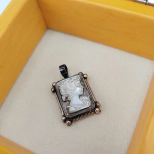 Silver925 Burnished Cameo Mother of Pearl Face Pendant Woman Handcrafted Vintage - Picture 1 of 4