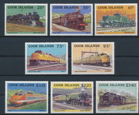COOK ISLANDS 1985 - Locomotives- Trains - Set of 8 Stamps - MNH Cover