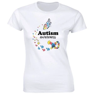 Autism Awareness with Puzzle Ribbon and Butterfly T-Shirt for Women - Picture 1 of 2