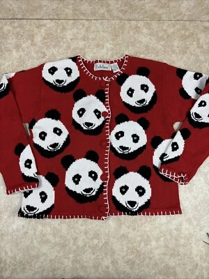 Cárdigan Suéter Vintage Belle Pointe Panda Rojo Negro Abotonado Talla Pequeña Foto 1 de 4