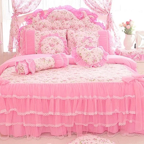 Korea Pink Princess Bedding Set Lace Bow Ruffles Flower Printed Cover Bed Skirt - Image 1 of 4