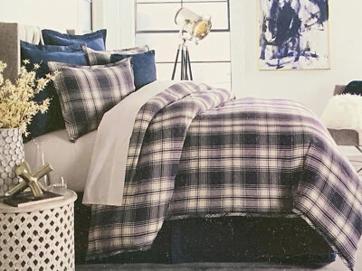 Cremieux Jameson King Duvet Cover Mini Set Navy Plaid Knit Linen Cotton Shams - Image 1 of 4