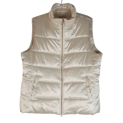Talbots Striped Quilting Full Zip Sleeveless Puffer Vest Ivory XL - Image 1 of 4