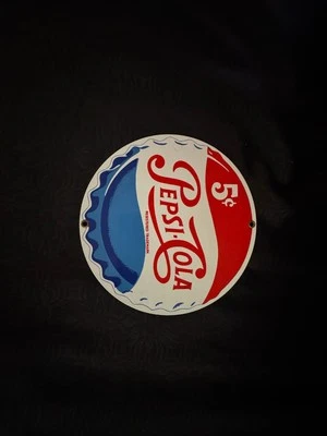 Ande Rooney Pepsi Cola 5 Cent Bottle Cap Porcelain Sign- Round 8” - Image 1 of 2