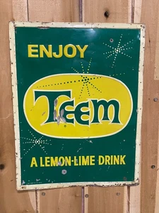 Letrero de metal vintage TEEM Soda Cola 34" x 27" GAS OIL - Imagen 1 de 18