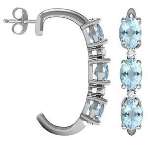 925 Sterling Silver Real Oval Cut Aquamarine & Diamond Hoop Earrings For Women's - Picture 1 of 5