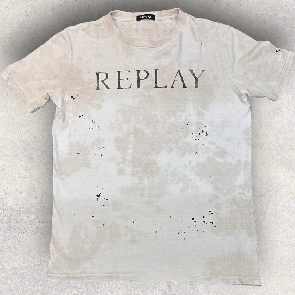 REPLAY Intentionally Distressed Designer T Shirt Beige Off Whit Fits Size Medium - Image 1 of 4
