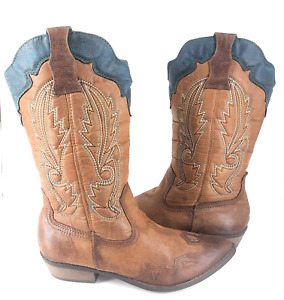 Coconuts  Womens Cimmaron Cowboy Boots  8 M Brown w/Teal Trim Cowgirl Western