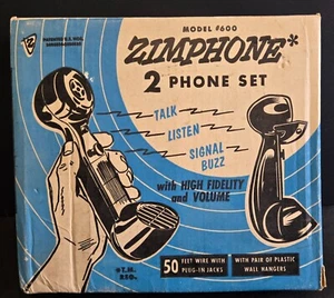 Zimphone Bell Ringing 2 Phone Set Model 600 Vintage Missing Parts Great Blue Box - Picture 1 of 7