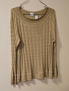 Emma James Crochet Knit Top Size Medium petite Tan Beaded Bell Cuff Sweater - Picture 1 of 10