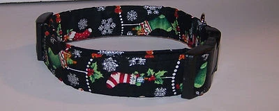 HANDMADE Wet Nose Designs Christmas Stockings and Glitter Snowflakes Dog Collar Black