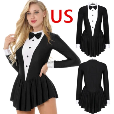 Womens Contrast Color Tuxedo Waitress Role Play Costume  Long Sleeve Bodysuit - Image 1 of 4