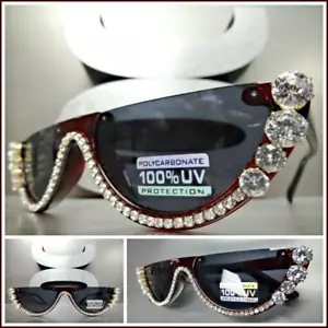 Classic Elegant Modern Retro Funky SUNGLASSES Burgundy Frame Bling Rhinestones - Picture 1 of 7