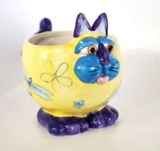 Cat shaped bowl / planter ceramic yellow blue floral design on feet EUC