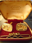 Vintage Cuff Links and Tie Clip Automotive Car theme gold tone in original box