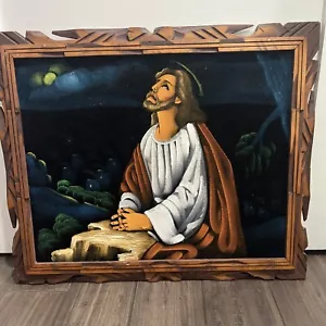 Vintage Jesus Christ Praying Garden Gethsemane Black Velvet Painting 16x20 - Picture 1 of 7