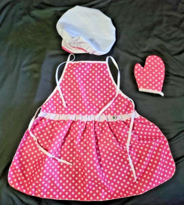 Chef Costume Girls Apron Chef Hat Sz Small Pink Polka dots - Image 1 of 4