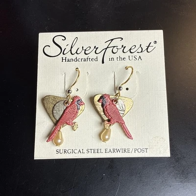 Pendientes colgantes cardenales rojos con cuentas de perlas de metal en capas bosque de plata acero de EE. UU. Foto 1 de 4