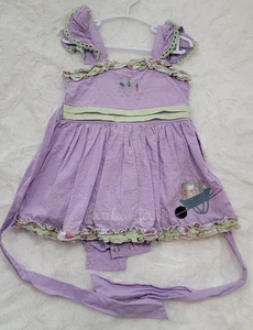 Pagliaccetto vestito viola Evie's Closet giardino floreale taglia 12M ricamato usato in ottime condizioni - Foto 1 di 5