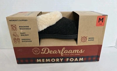 NEW in Box DEARFOAMS Black Wool Slippers Faux Fur Lined Size M 7-8 - Image 1 of 4