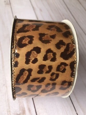 25 Feet NEW Tan & Brown Velvet Leopard Print Spots Gold Wired Edge 2.5" Ribbon - Image 1 of 4