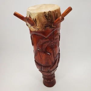Vintage MCM Tiki Hand Carved Wood Peg Drum w/Hide Head Palm Trees 26" READ - Picture 1 of 18