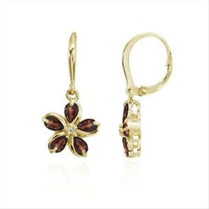 Polished Flower Garnet Dangle Leverback Earrings in Gold Tone over Silver