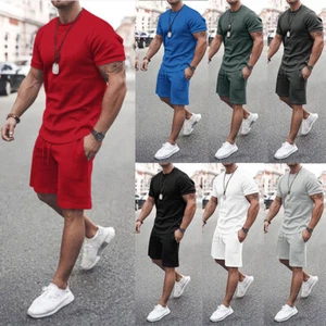 Men's Summer Outfit 2-Piece Set Sweatsuit Short Sleeve T Shirts and Shorts Set - Picture 1 of 32