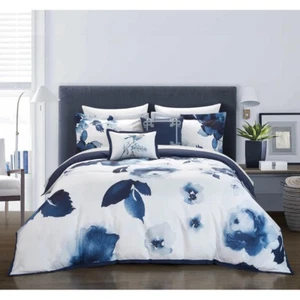 Navy Blue White Watercolor Floral 9 pc Comforter Sheet Set Queen King Bed Bag - Picture 1 of 9