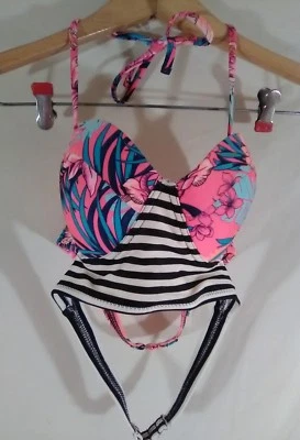 Xhilaration Size Medium Bikini Top Halter with Two Back Straps Floral & Stripes - Image 1 of 4