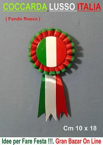 COCCARDA ITALIA LUX TRICOLORE cm 10x18 in Stoffa Raso, Fondo Rosso con spilla - Foto 1 di 1
