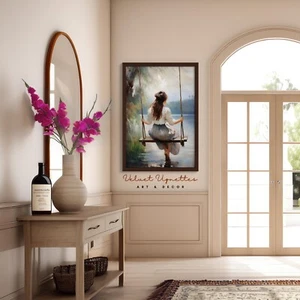 Framed lady on a swing oil painting print vintage summer home wall decor art  - Picture 1 of 31