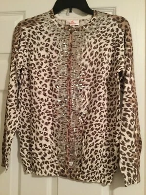 NUEVO CON ETIQUETAS: Cárdigan manga pulsera estampado animal spray lentejuelas Quacker Factory XS Taupe Foto 1 de 4