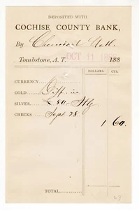 ARIZONA TERRITORY - TOMBSTONE – COCHISE COUNTY BANK RECEIPT - Picture 1 of 1