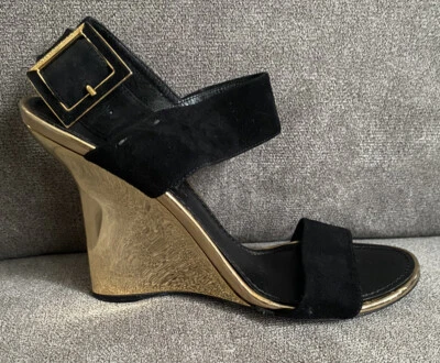 Louis Vuitton Jaia Black Gold Metal Wedge & Buckle Sandal Sz 36/5.5 - Image 1 of 4