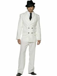 Gangster/Mobster Suit 3Pc White & Blk Pinstripe Coat Pants & Blk Tie Costume Lg - Picture 1 of 3