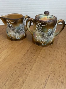 Orange/Brown Dragonware Post WWII Creamer and Sugar Bowl with Lid Japan - Picture 1 of 8