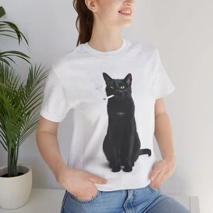 Cool Black Cat Smoking Tee, Cat Lover Gift, Unisex Short Sleeve Shirt - Picture 1 of 12