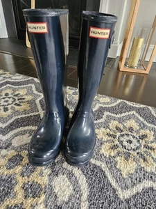 Hunter Rain Boots Womens Size US 5 EU 36 Navy Blue Original Tall Buckle Rubber - Picture 1 of 9