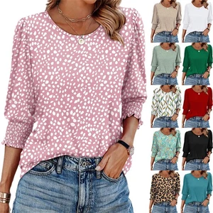 Boho Women Floral T-shirt 3/4 Sleeve Pullover Holiday Top Blouse Loose Puff Size - Picture 1 of 28
