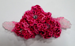 BARRETTE HAND BEADED & KNIT FRENCH HAIR CLIP UNIQUE 3.5" CLIP W/RHINESTONES PINK